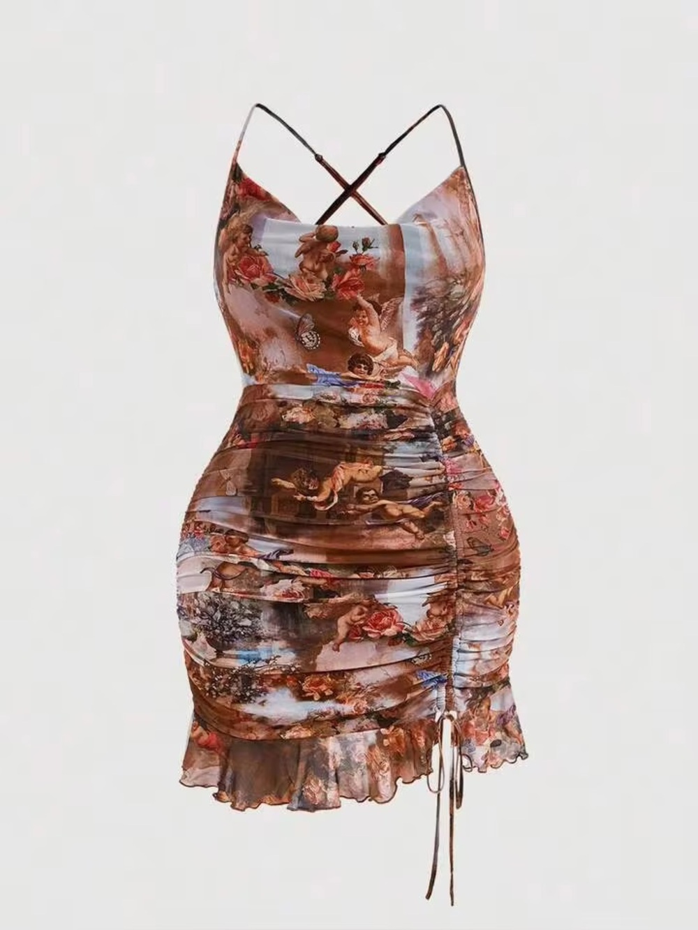 SHEIN curve Plus Angel Print Drawstring Ruched Ruffle Hem Mesh Cami Dress